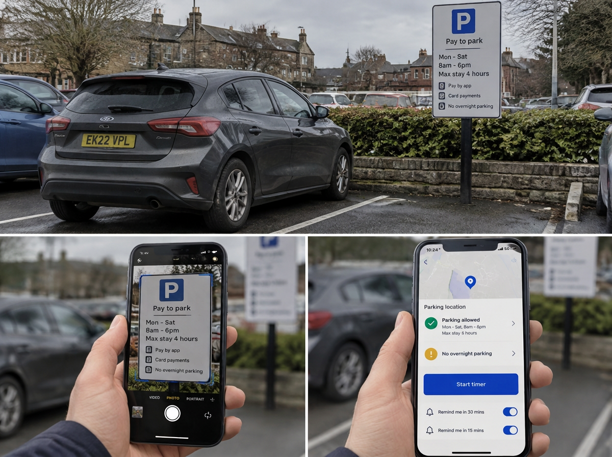 A driver photographing a pay-to-park sign at a car park, with the app showing parking is allowed and a start timer button