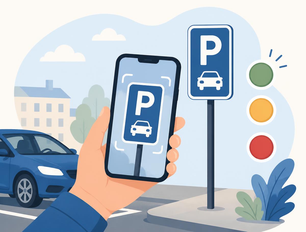 A hand holding a phone that is scanning a parking sign, with green, amber and red traffic-light indicators